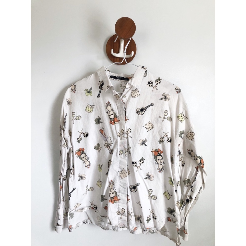 Zara Button up Frida Kahlo Inspired Blouse - M